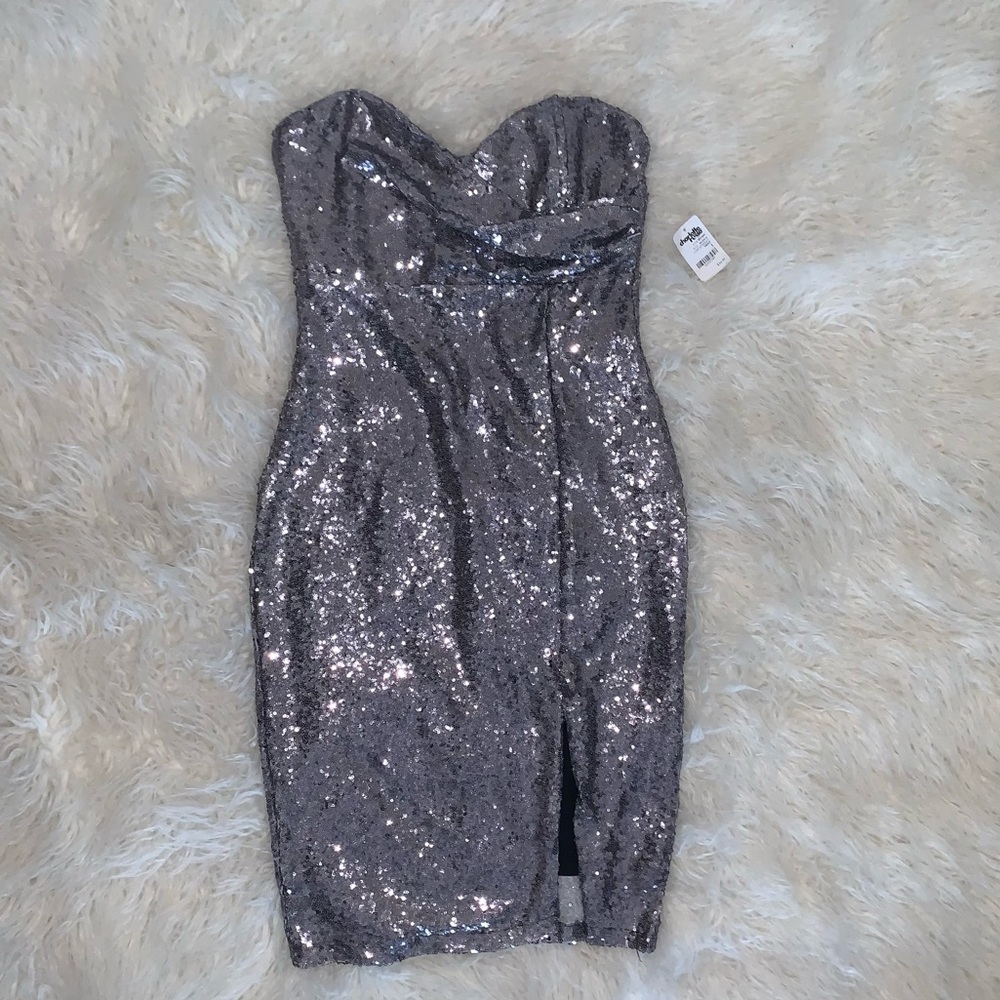 Silver sequin party dress with slit